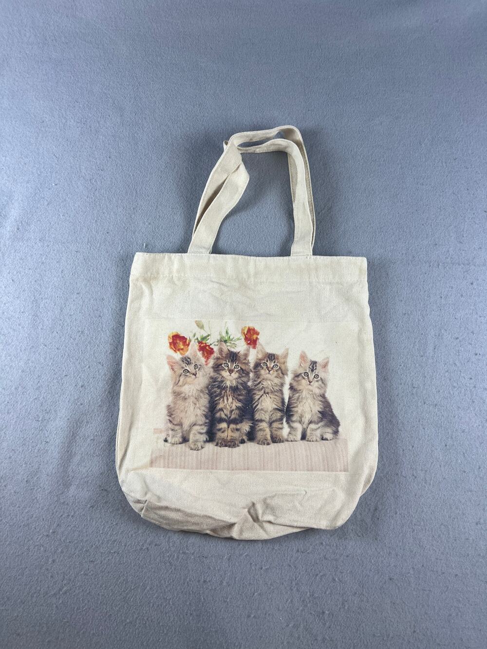 Vintage Four Kittens & Flowers Canvas Tote Bag Off White Graphics Print Shopper